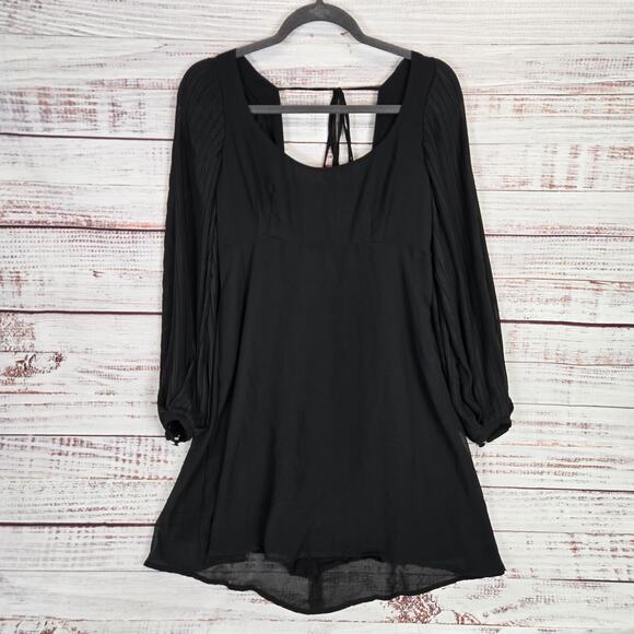 UO Y2K Whimsigoth Chiffon Black Babydoll Dress Sz 12 Flowy Pleated Puff Sleeves - Picture 1 of 16